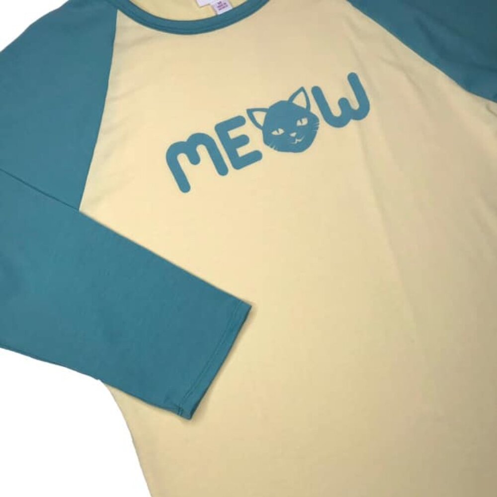NEW LuLaRoe Randy Raglan Sleeve Top Cat Meow Blue Cream 3/4 Quarter Sleeve NWT